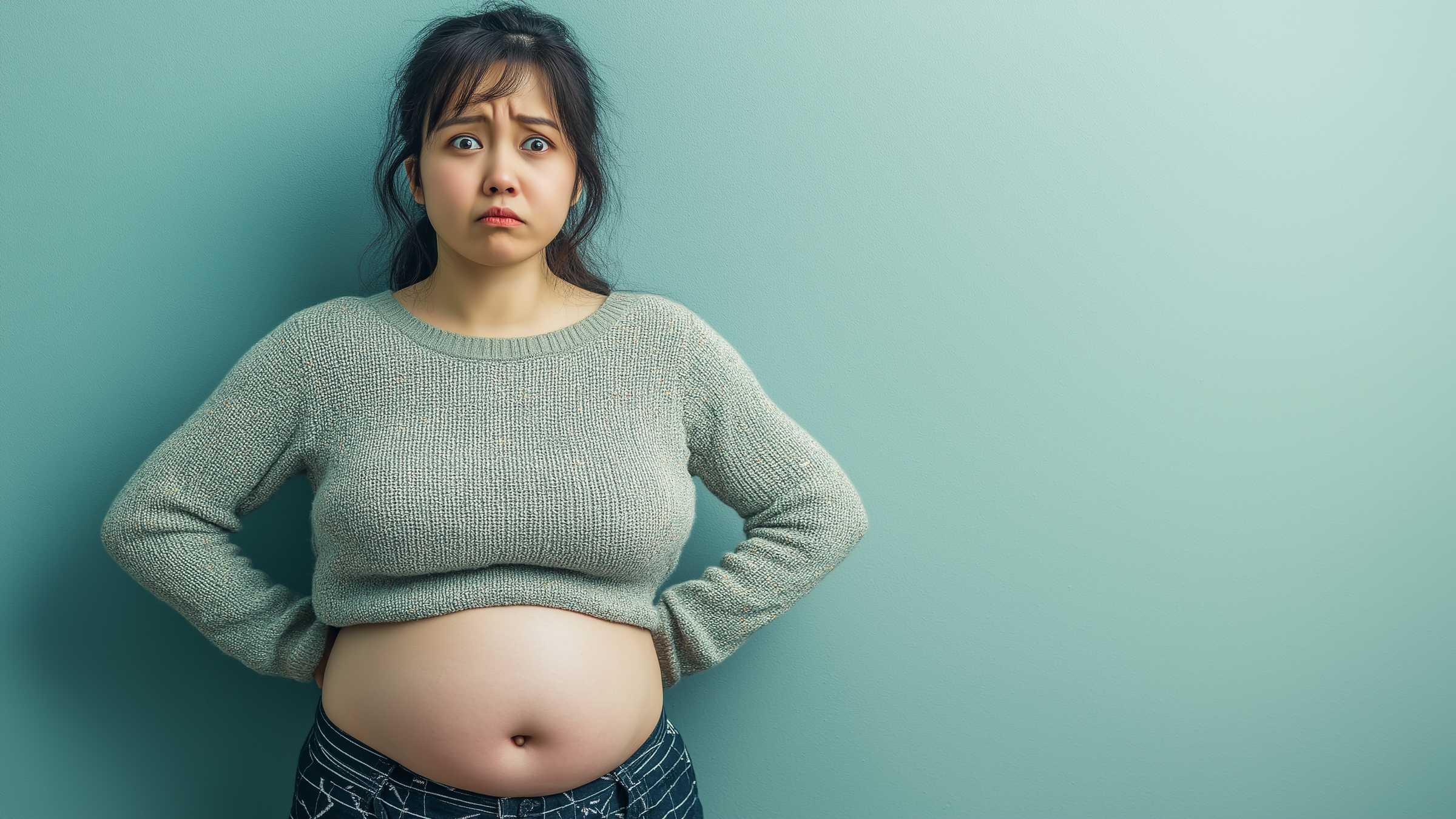 お腹を出してダイエットを決意する女性