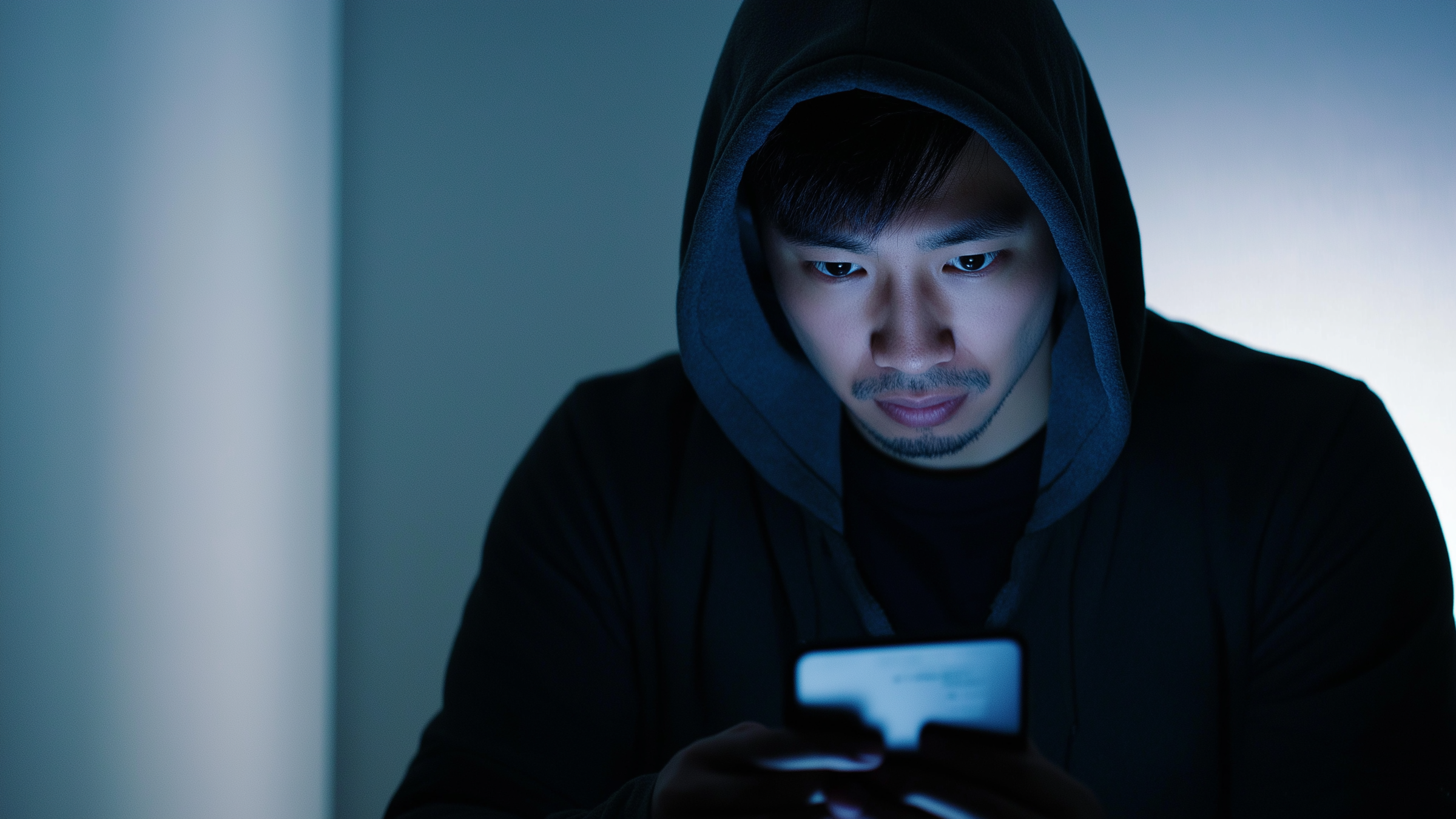 フードをかぶりスマホを操作する怪しい男